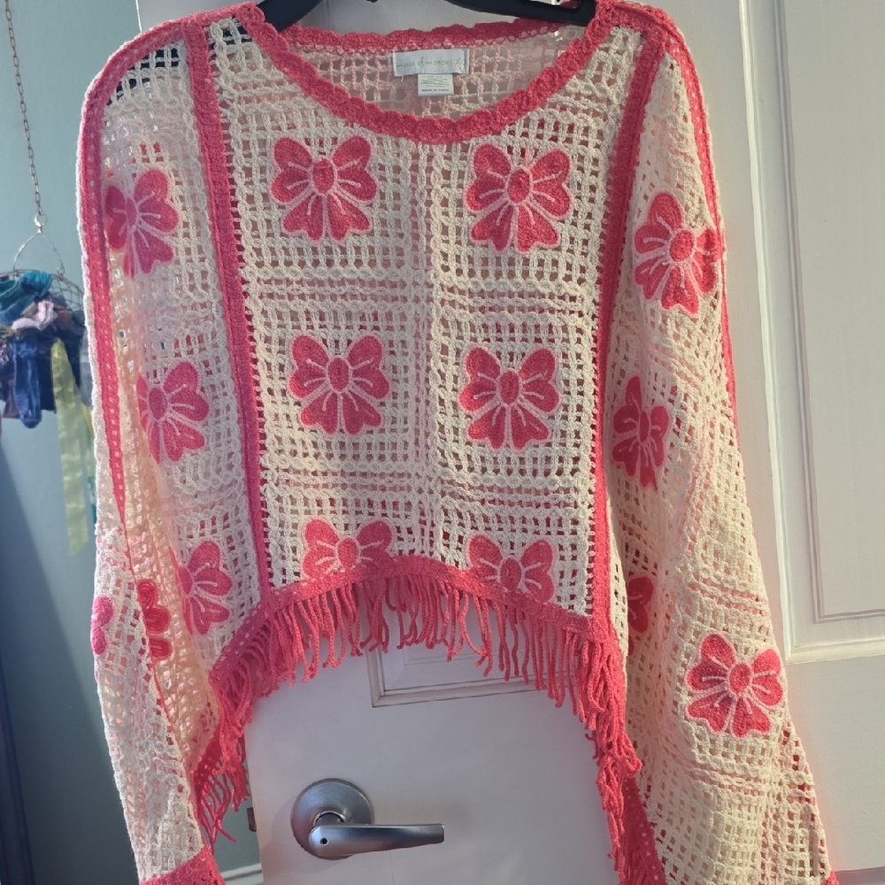 House of Harlow 1960 Floral Crochet Sweater in Pink and Cream